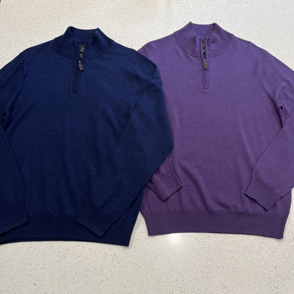 Jos A Bank Sweater Mens M Purple Blue 100% Merino Wool 1/4 Zip Lot Of 2